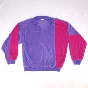 Vintage 80s 90s Vaporwave Velour Sweater Womens Medium Purple Pink Rave Club Kid